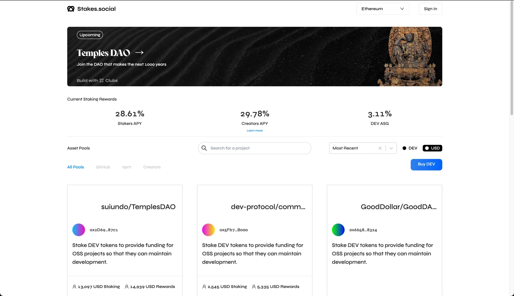 Dev Protocol's stakes.social.